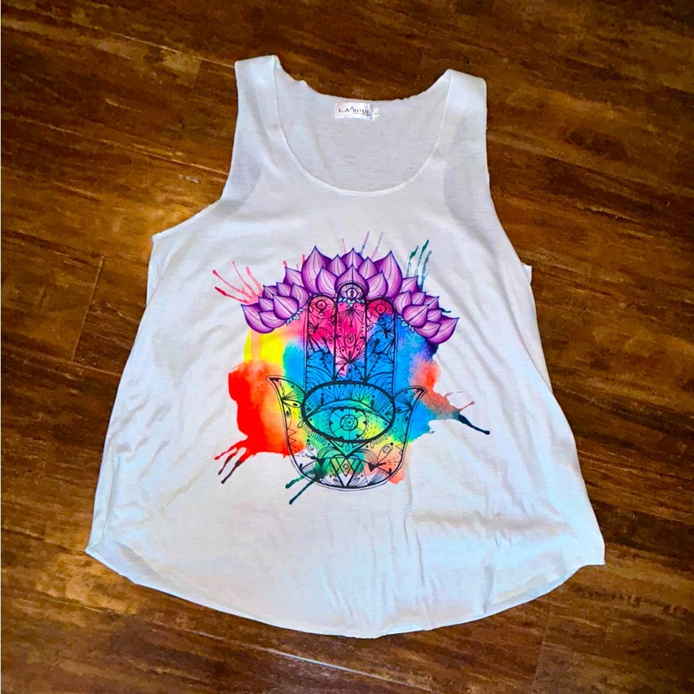 Hamsa Lotus Rainbow Chakra White Yoga Tank Top Women’s Size Large